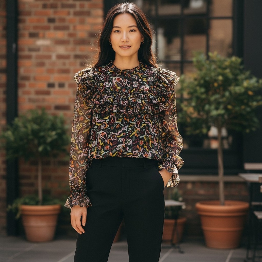 Ted Baker London Romantic Feminine Floral Casual Ruffle Blouse Multi Color